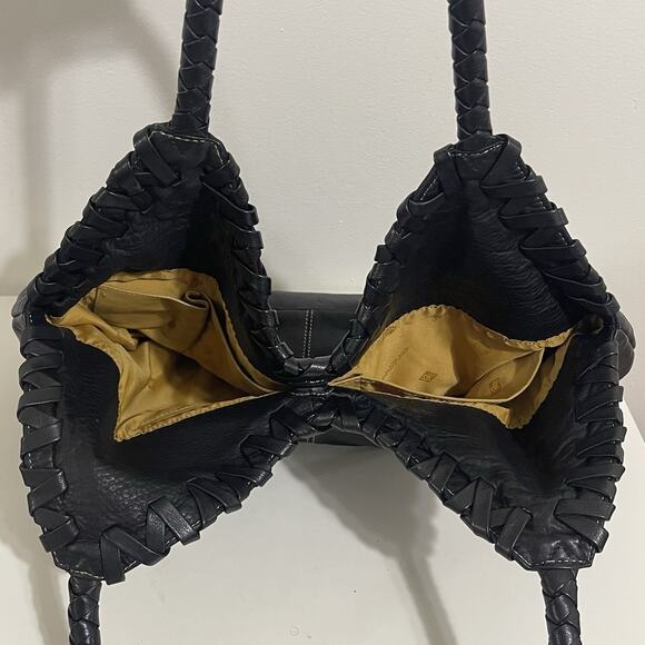 Donald J Pliner Braided Woven Trim Hobo Bag Black Leather Large Boho Flaws - Picture 7 of 16